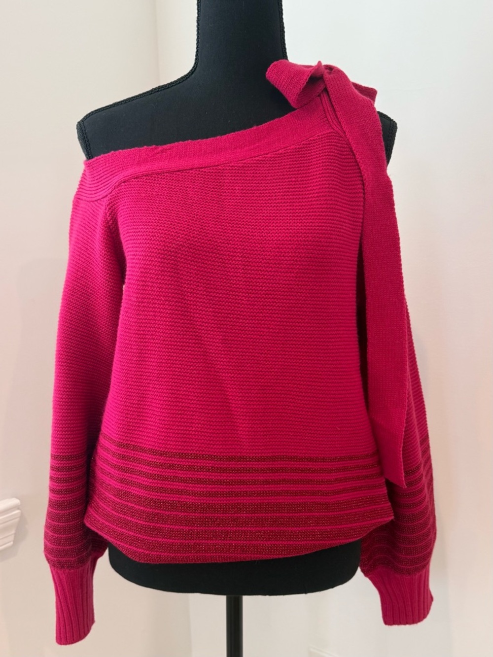 Chic Hot Pink One-Shoulder Bow Sweater | Statement Knit